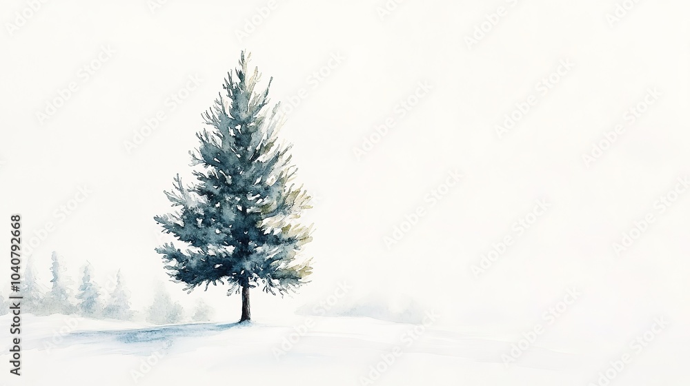 Fototapeta premium A solitary evergreen tree standing in a snowy landscape during a foggy winter morning