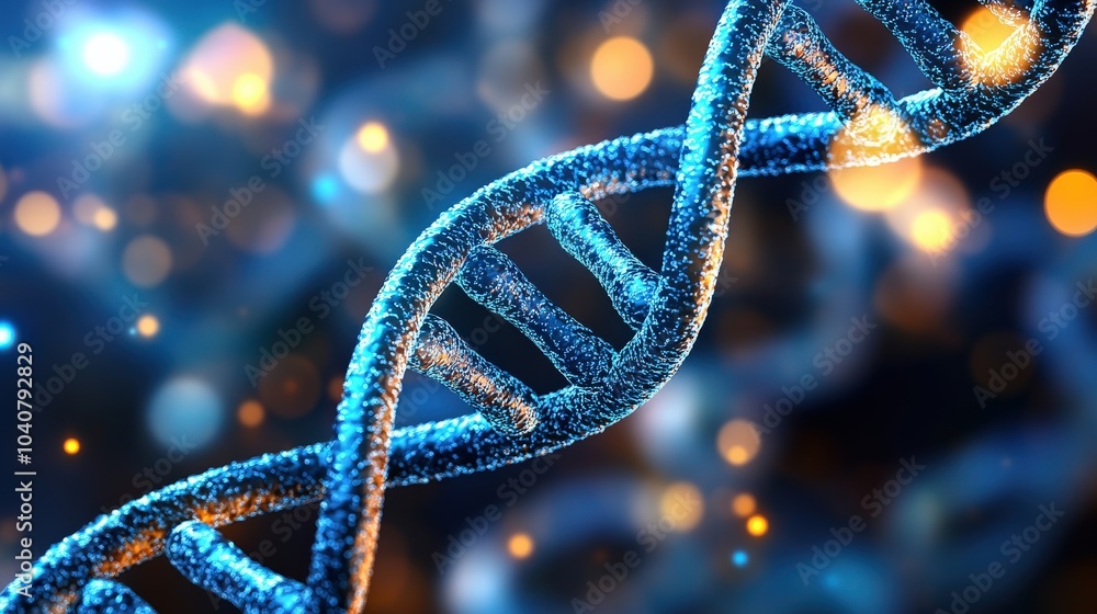 Close-up of a DNA strand with shimmering blue strands on a blurred background. Close-up of a DNA strand with shimmering blue strands on a blurred background.