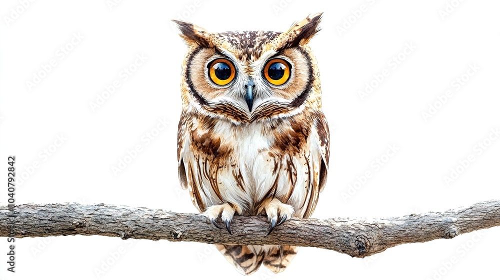 Fototapeta premium A beautiful owl perched on a branch surrounded by soft watercolor backgrounds in a serene landscape during early morning light