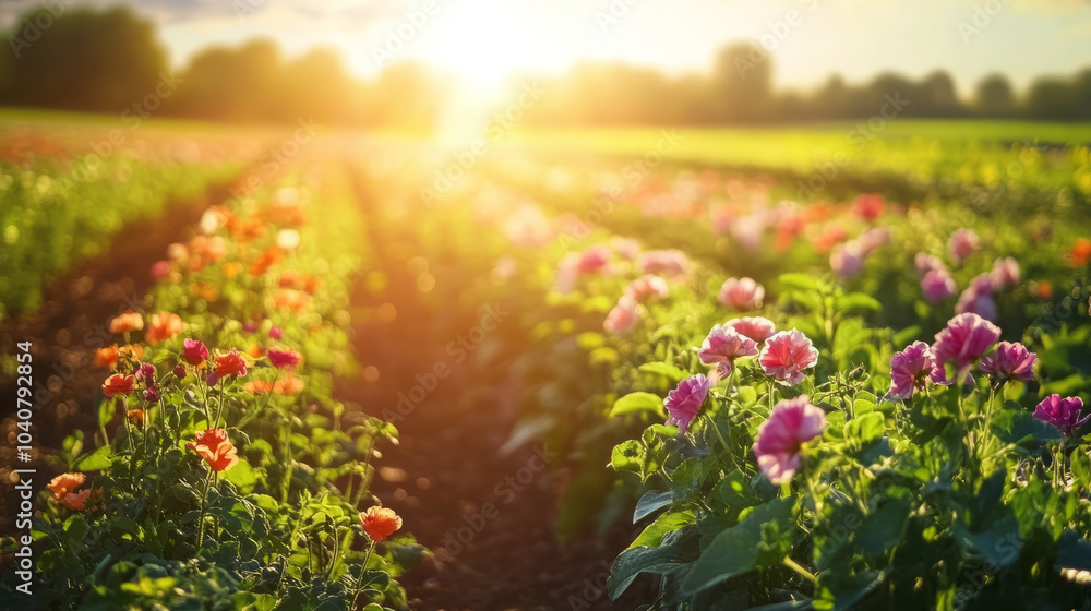 Obraz premium Organic flower farming in a rural field, with rows of vibrant flowers blooming under natural sunlight, ready for harvest