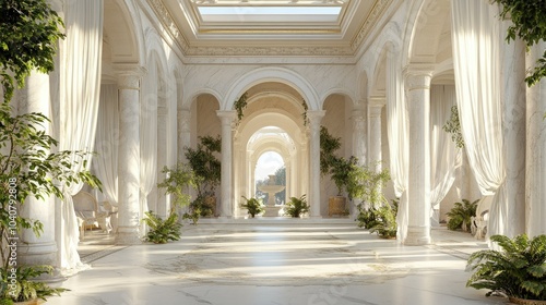 Serene 3D Marble Antique Interior with Lush Greenery