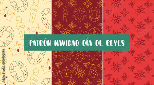 patrón navidad y día de reyes magos con rosca de reyes, muñeco de rosca y flor nochebuena
