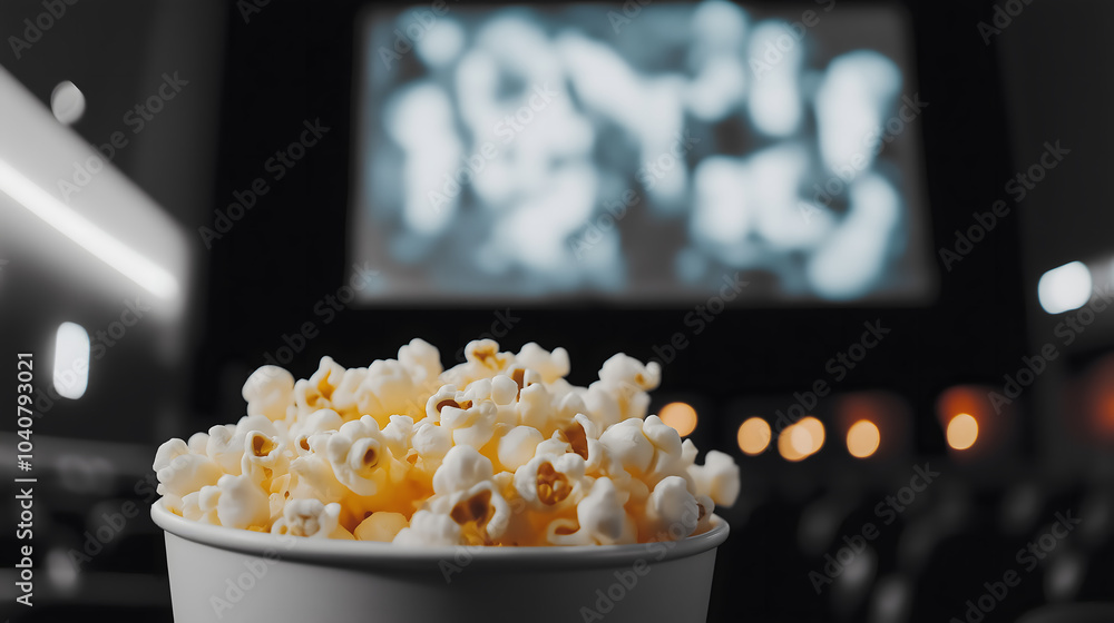 Close-up of a bucket of fresh, buttery popcorn in a dimly lit movie theater, with a blurred cinema screen and empty seats in the background Close-up of a bucket of fresh, buttery popcorn in a dimly lit movie theater, with a blurred cinema screen and empty seats in the background