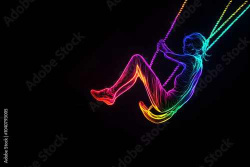 Neon silhouette of person swinging on rope swing isotated on black background. photo