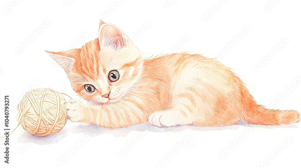 Fototapeta premium Playful kitten captivated by a bright ball of yarn on a clean white background