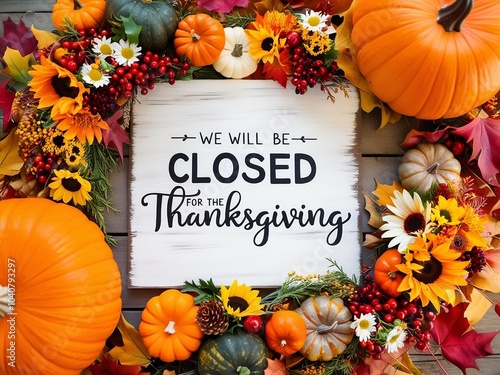 We will be closed for the Holidays. Beautiful Thanksgiving sign. Bright pumpkins, tree leaves, red berries and colorful flowers lying on an empty table. Close-up, top view. Holiday concept