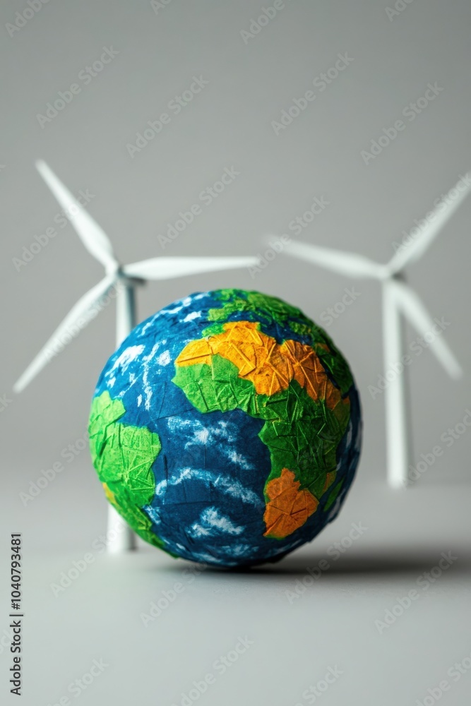 Naklejka premium Colorful globe with wind turbines on a neutral backdrop, symbolizing sustainability.
