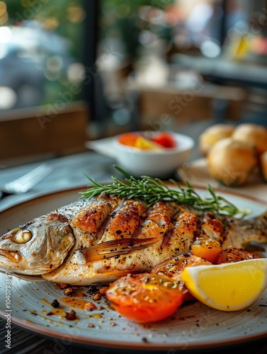 Grilled fish with fresh tomatoes and herbs served at a rustic dining establishment. Generative AI