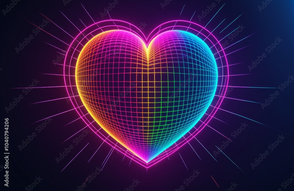 Abstract 3D Wireframe Heart Shape with Neon Rainbow Colors Abstract 3D Wireframe Heart Shape with Neon Rainbow Colors