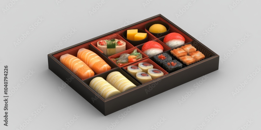 3D icon of a traditional bento box, featuring a variety of Japanese dishes, isolated against a clean backdrop 3D icon of a traditional bento box, featuring a variety of Japanese dishes, isolated against a clean backdrop