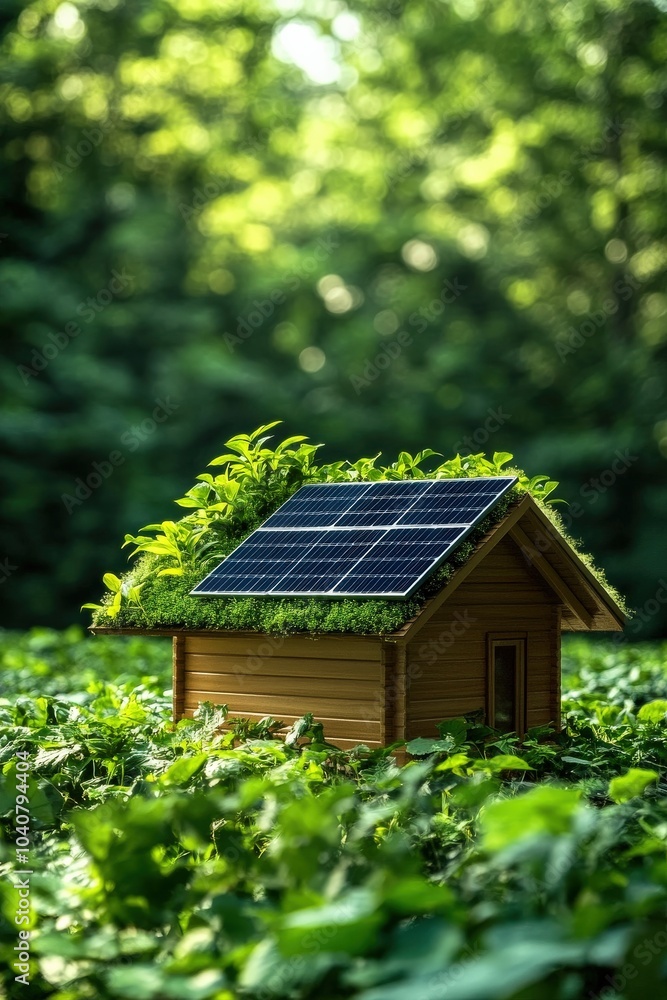 Eco-friendly house with solar panels and greenery in a lush forest setting Eco-friendly house with solar panels and greenery in a lush forest setting