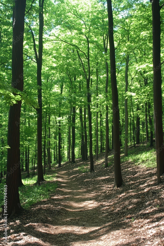 Obraz premium Sunlit forest with a path through bright green trees