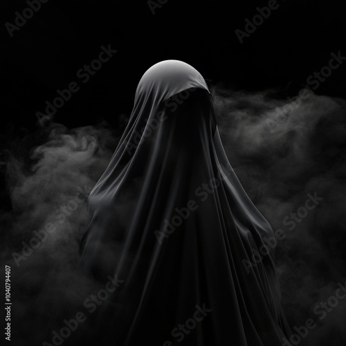 Eerie figure shrouded in darkness, with a cloud of mist surrounding it. photo