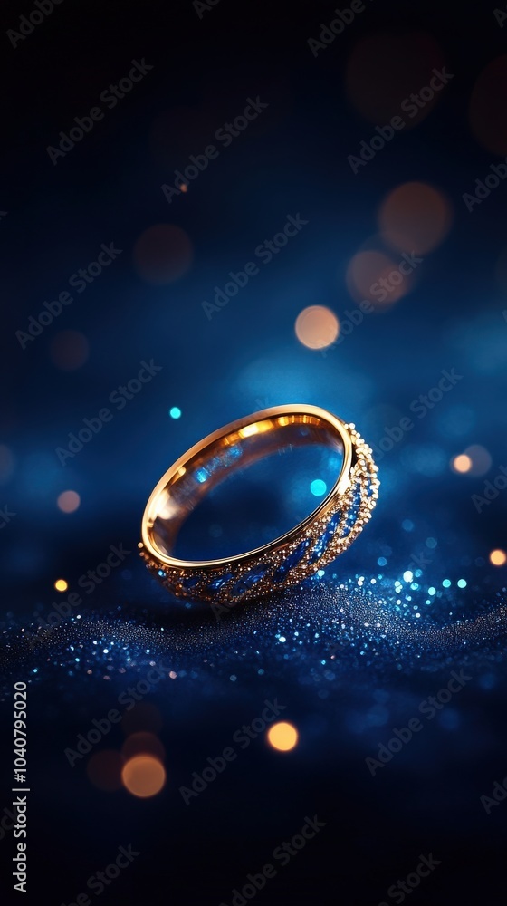Elegant gold ring with sparkling details on a dark blue background Elegant gold ring with sparkling details on a dark blue background