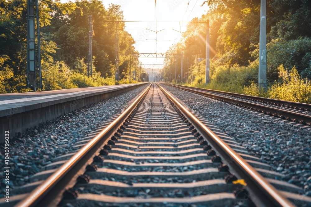 Empty train tracks basking in sunlight on a serene day surrounded by lush greenery and trees in the distance Empty train tracks basking in sunlight on a serene day surrounded by lush greenery and trees in the distance