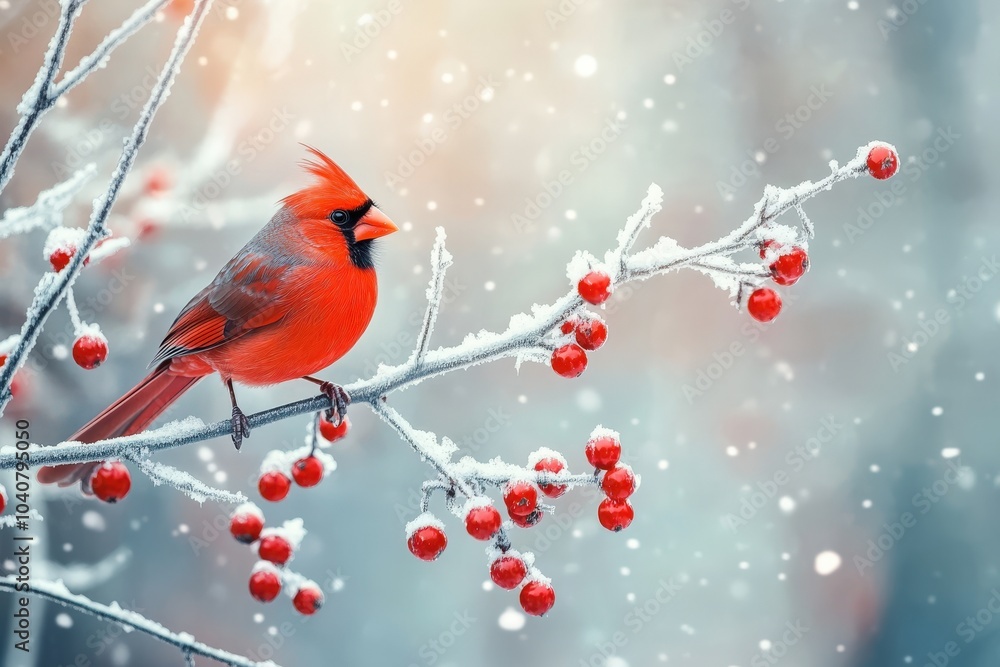A Vibrant Cardinal Perched on a Snowy Branch with Red Berries A Vibrant Cardinal Perched on a Snowy Branch with Red Berries