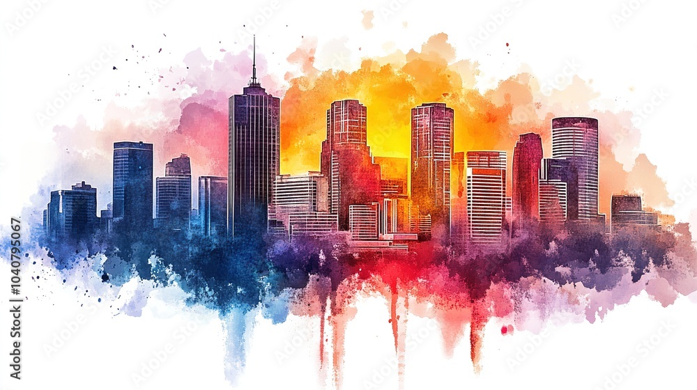 Obraz premium Colorful watercolor skyline illustration showcasing urban buildings in a vibrant cityscape during daylight