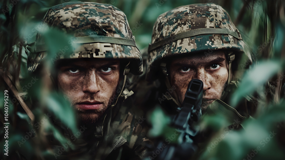 Two soldiers in camouflage crawling through the underbrush, scouting ahead for enemy patrols.
Two soldiers in camouflage crawling through the underbrush, scouting ahead for enemy patrols.