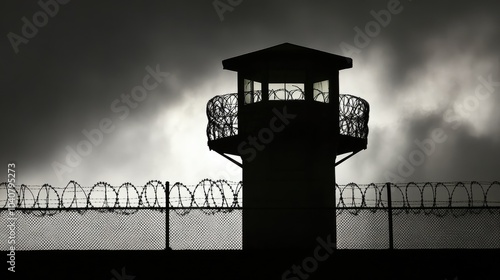 Silhouette of a prison guard tower with barbed wire fence against a cloudy sky.