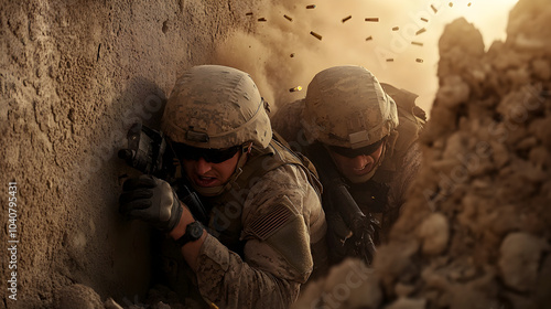 A pair of soldiers caught in an ambush, taking cover behind a crumbling wall as bullets ricochet around them.


