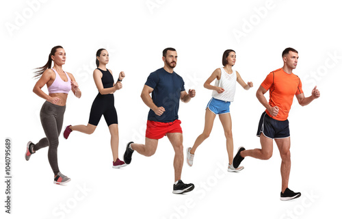 People in sportswear running on white background