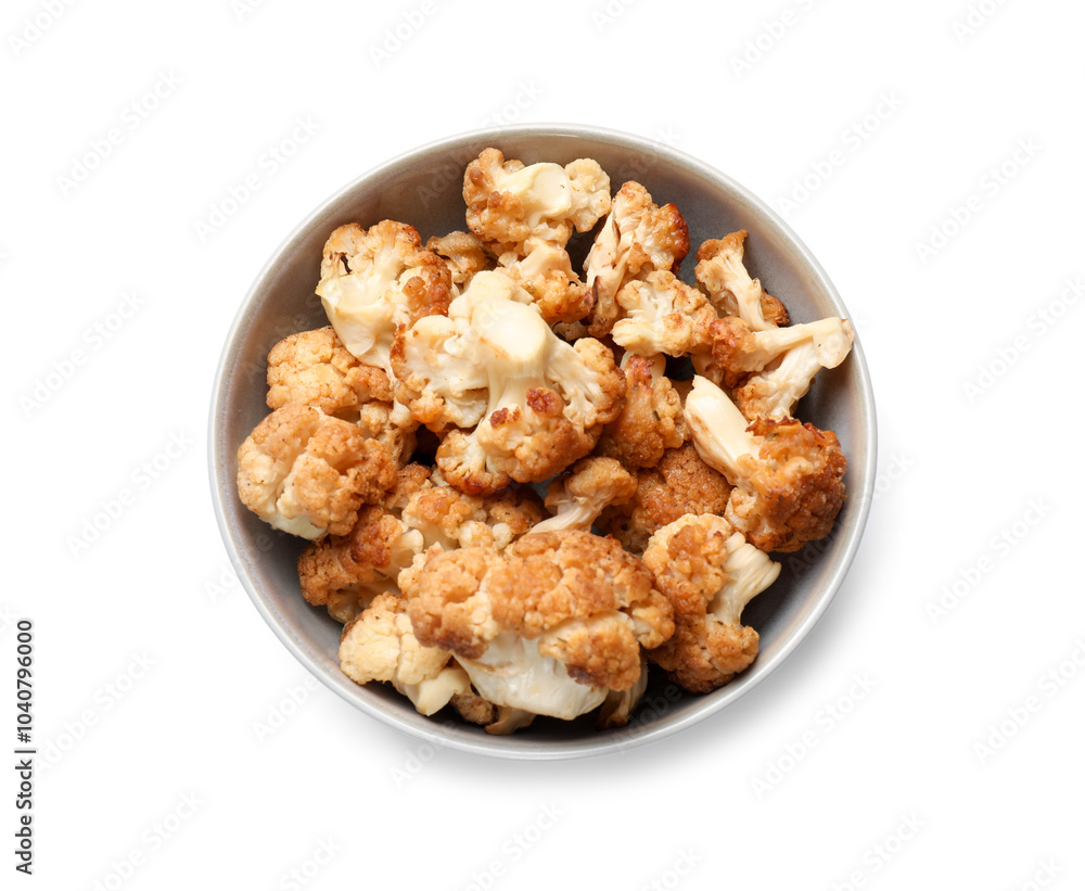 Baked cauliflower in bowl on white background, top view Baked cauliflower in bowl on white background, top view