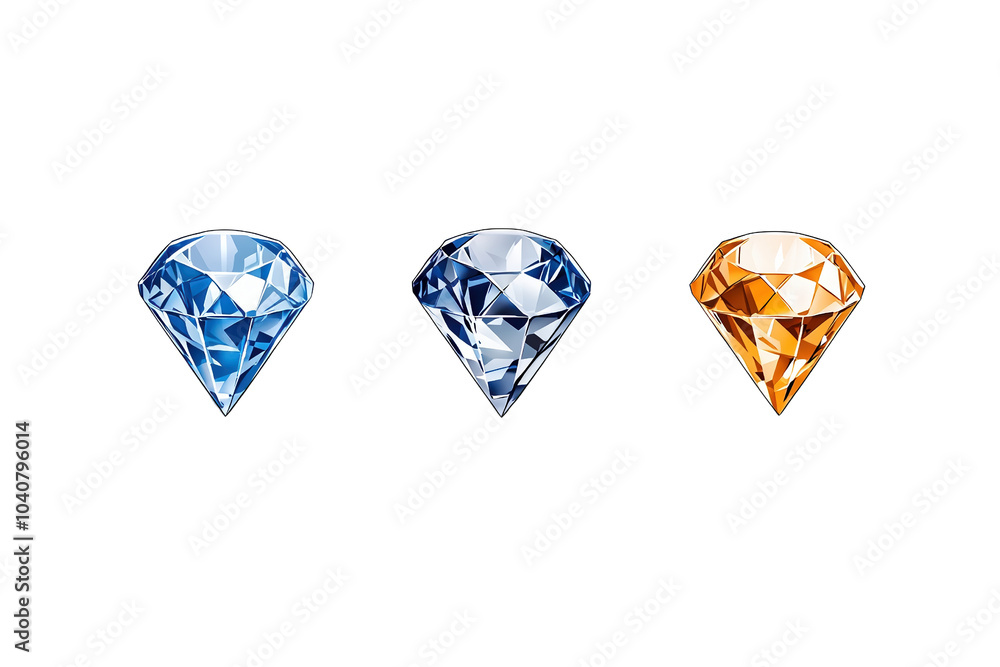 Three sparkling diamonds in blue, clear, and orange colors against a white background. isolated on transparent background. Three sparkling diamonds in blue, clear, and orange colors against a white background. isolated on transparent background.