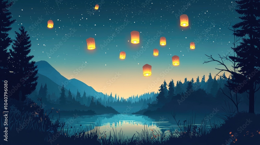 Silhouettes of pine trees and mountains against a blue sky, with floating lanterns above a lake at night.