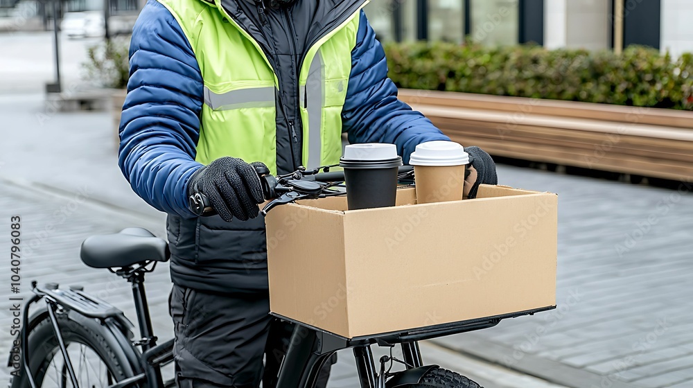 Urban delivery a bicycle courier transporting coffee as a modern solution for fast-paced city life Urban delivery a bicycle courier transporting coffee as a modern solution for fast-paced city life