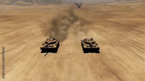 Two opposing tanks locked in a duel across a barren battlefield, their cannons aimed at each other.


 photo