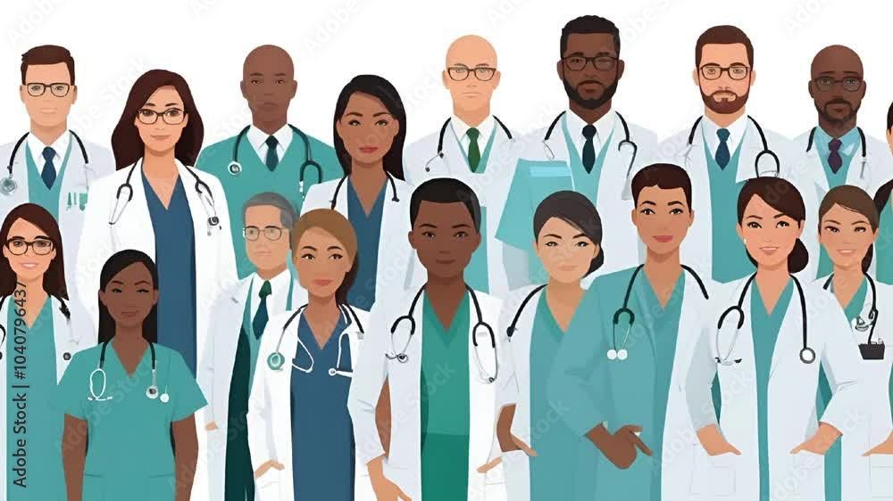 A vector illustration of a diverse medical team standing together, featuring doctors, nurses, and specialists in professional attire, all on a clean white background A vector illustration of a diverse medical team standing together, featuring doctors, nurses, and specialists in professional attire, all on a clean white background