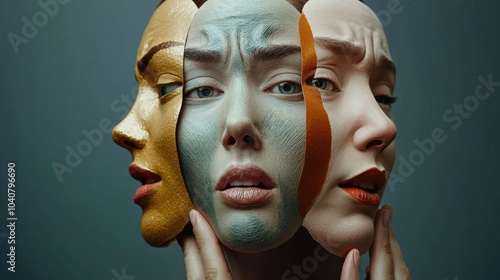 Masked identities: navigates emotional masks, expressions, how face aligns with their psychological state, contemplating impact pretending versus authenticity in personal roles, social interactions.