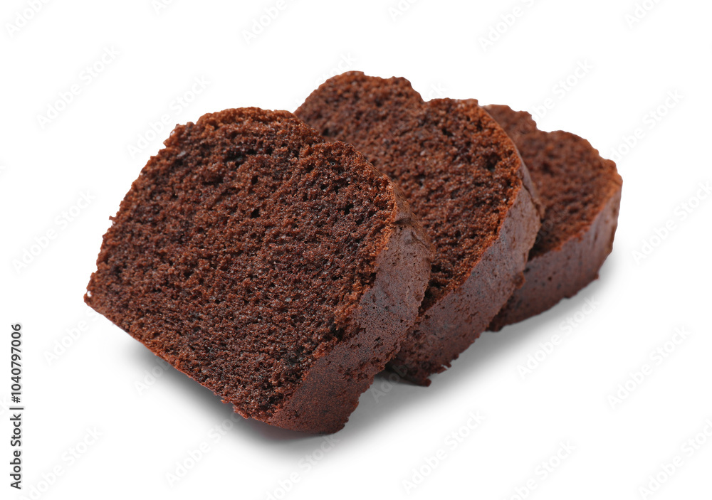 Slices of delicious chocolate sponge cake isolated on white Slices of delicious chocolate sponge cake isolated on white