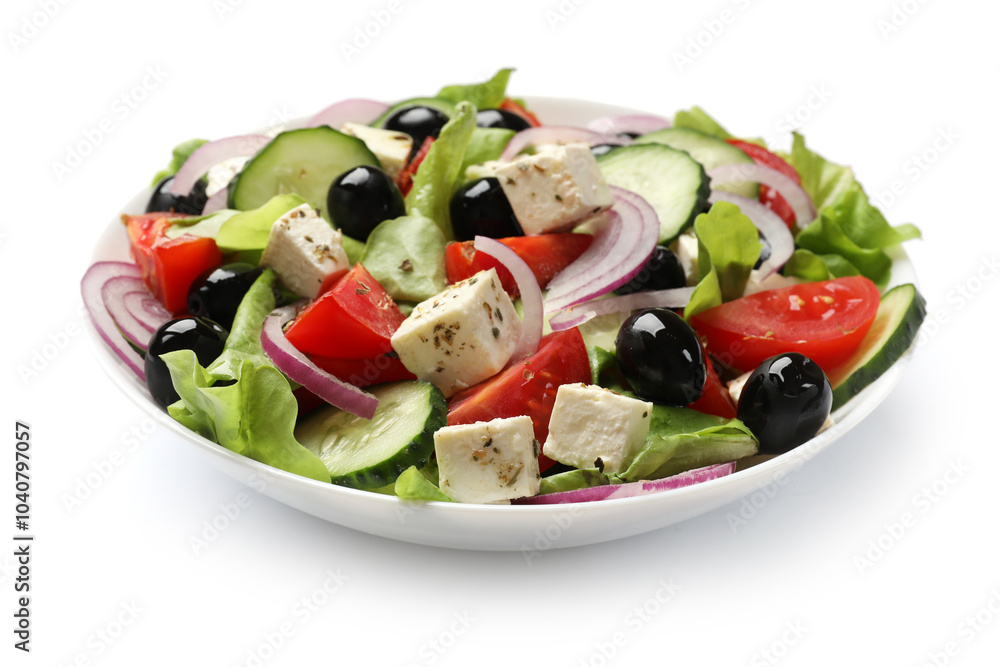 Delicious salad with feta cheese isolated on white Delicious salad with feta cheese isolated on white