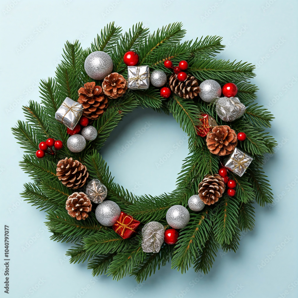 A festive Christmas wreath made of pine branches, decorated with red berries, pine cones, small gifts, and silver ornaments A festive Christmas wreath made of pine branches, decorated with red berries, pine cones, small gifts, and silver ornaments