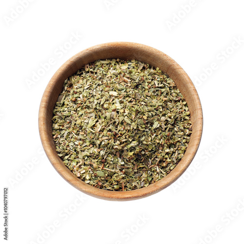 Dried oregano in bowl isolated on white, top view