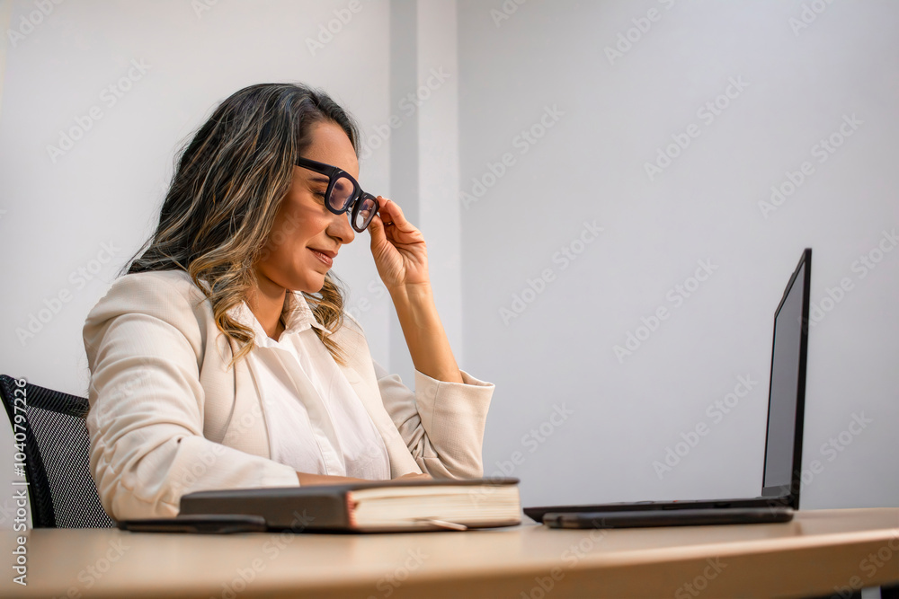 Businesswoman Adjusting Glasses While Working on Laptop Businesswoman Adjusting Glasses While Working on Laptop