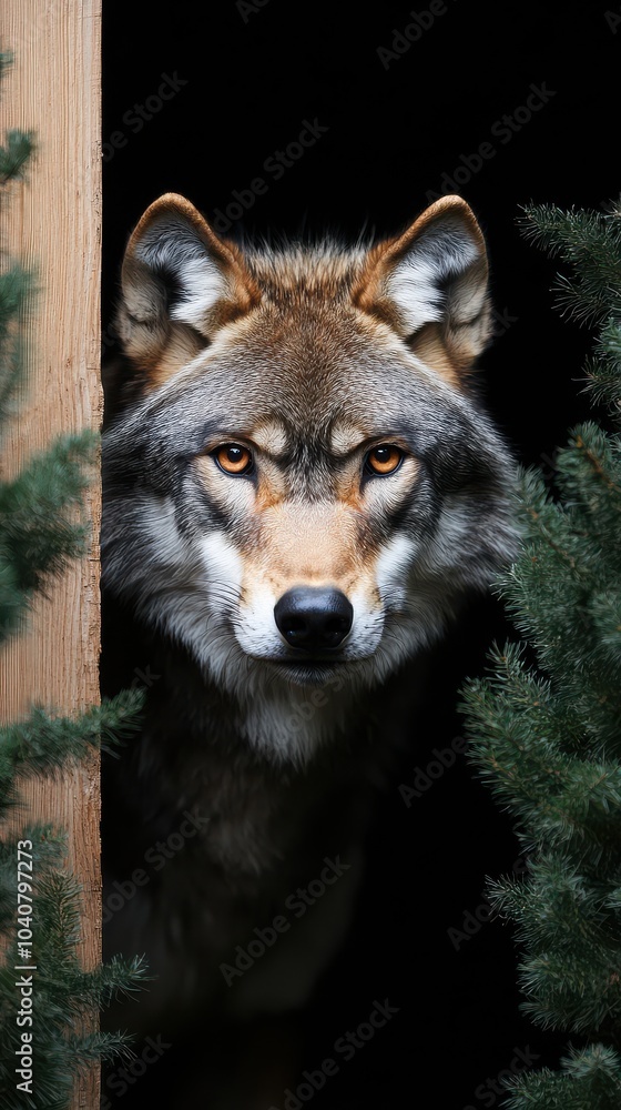 Close-up of a gray wolf peeking through foliage Close-up of a gray wolf peeking through foliage