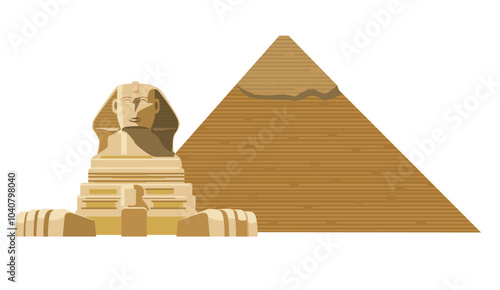 ギザの大スフィンクスとピラミッドのイラスト　世界遺産　白背景　ベクターデータ