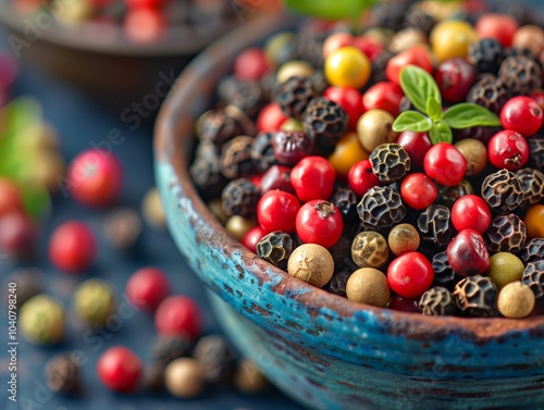 Colorful assortment of peppercorns in a decorative bowl on a wooden surface. Generative AI