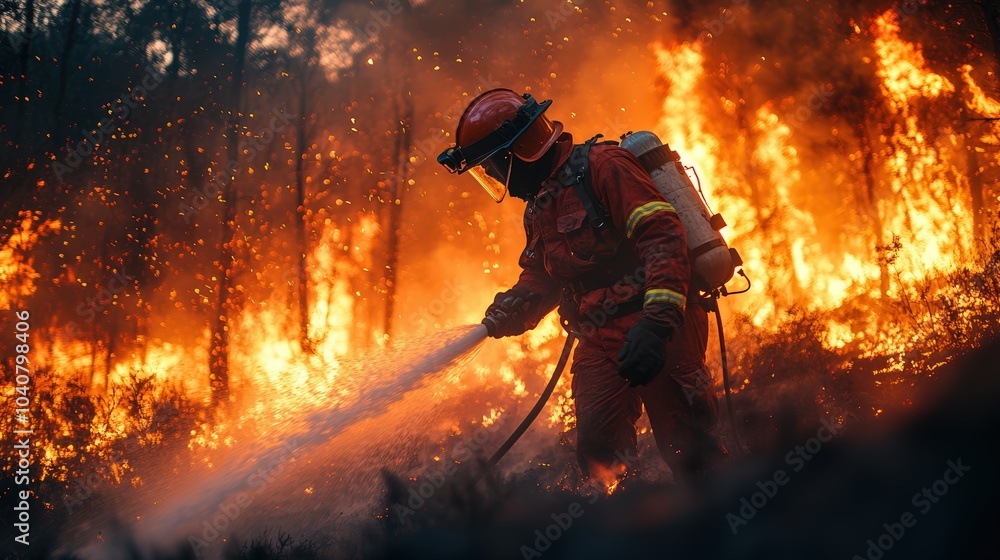 Professional Firefighter Extinguishing Large, High-Priority Part of the Forest Fire Professional Firefighter Extinguishing Large, High-Priority Part of the Forest Fire
