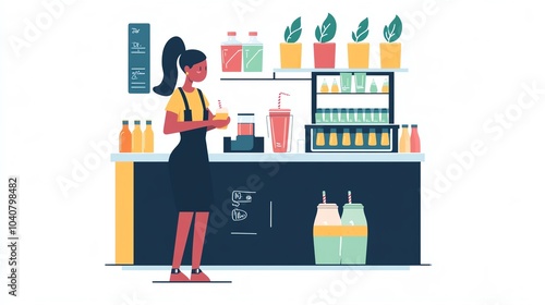 Barista holding a drink at a vibrant beverage shop counter. photo