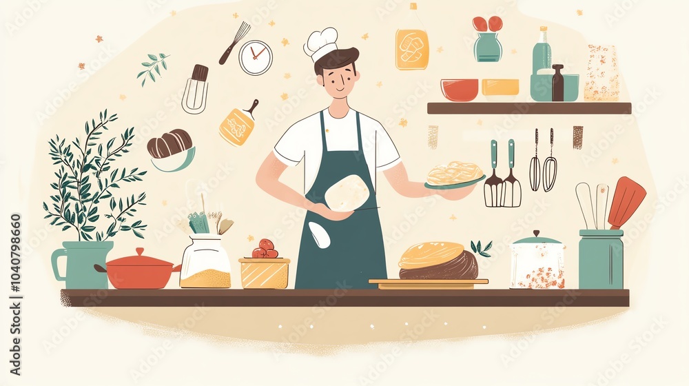 Chef preparing dishes with various kitchen utensils and ingredients. Chef preparing dishes with various kitchen utensils and ingredients.