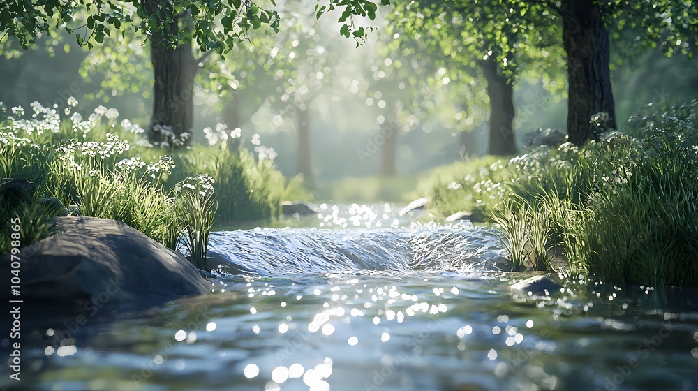 Fototapeta premium Sunlit Stream Flowing Through a Lush Green Forest