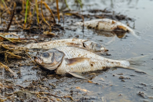 Dead fish wash ashore due to water pollution in a riverbank environment affected by environmental degradation photo