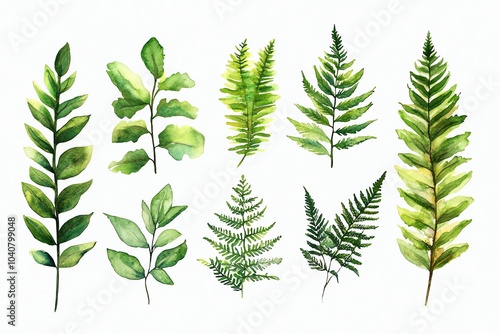 Watercolor illustration of 8 green fern leaves isolated on white background.