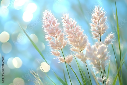 Close-up of delicate, feathery pink grass swaying in a gentle breeze against a soft blue background with bokeh.