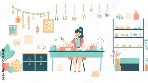 Creative workspace with artisan crafting and colorful decor.