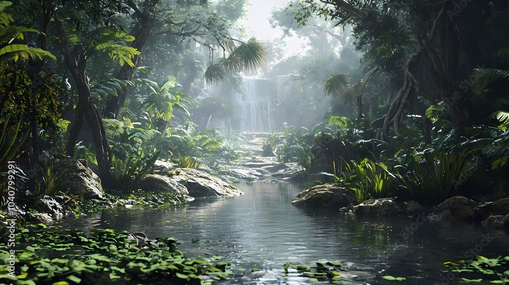 Tranquil Rainforest Stream with Waterfall and Lush Greenery