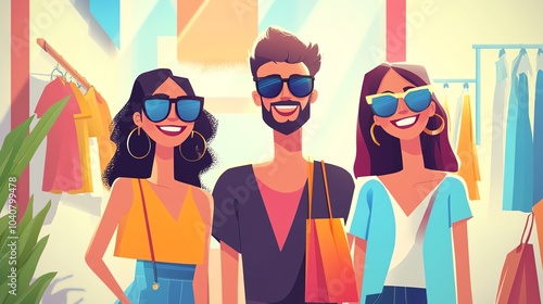 Friends enjoying a sunny day in stylish outfits with shopping bags and sunglasses.